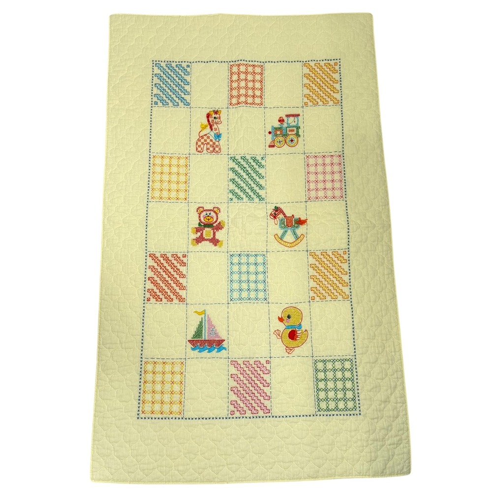 Vintage Bucilla Quilted Cross Stitch Baby Blanket Unisex 33x54 Yellow Animals